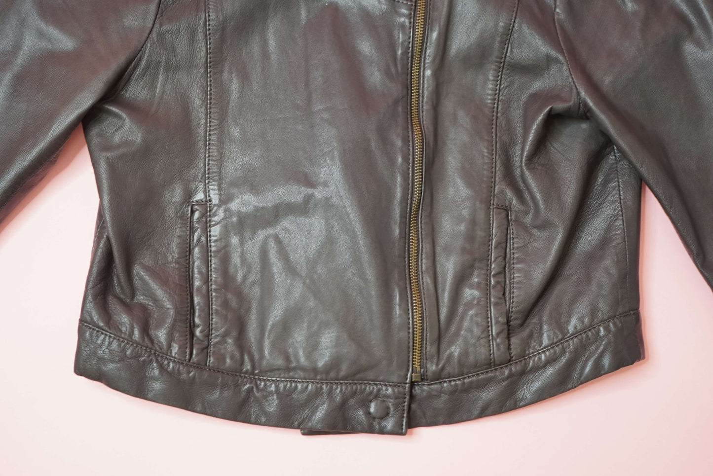 90s Brown Leather Jacket Cropped Minimal Size S-M