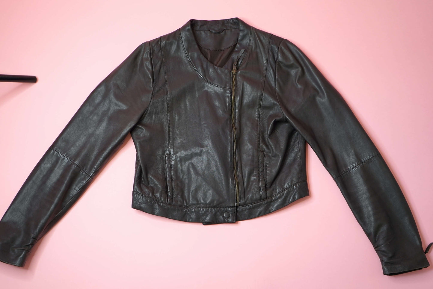 90s Brown Leather Jacket Cropped Minimal Size S-M