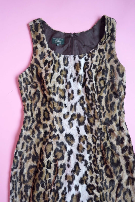 90s Leopard Print Faux Fur Pencil Dress Hobbs Size S | Made in UK
