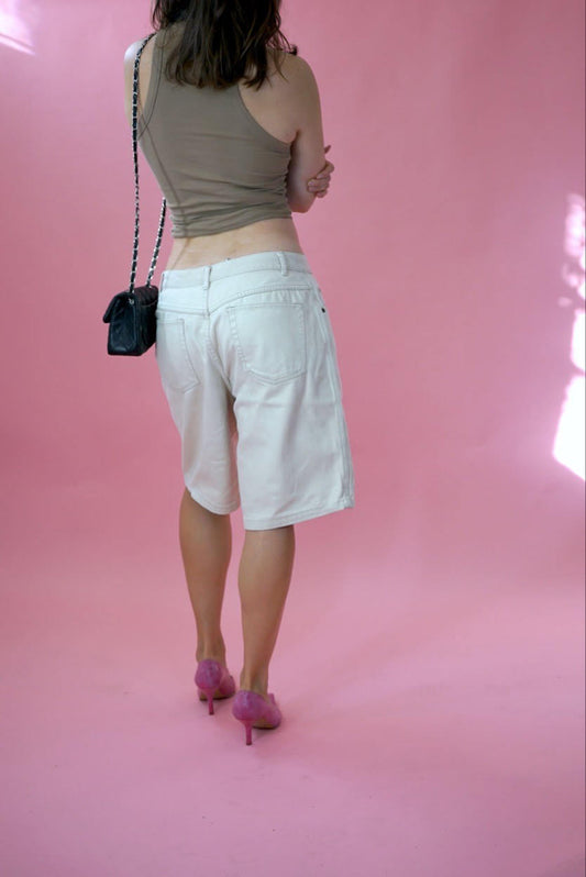 Baggy Long Denim Shorts Beige Jorts Vintage Size L-XL W35-36