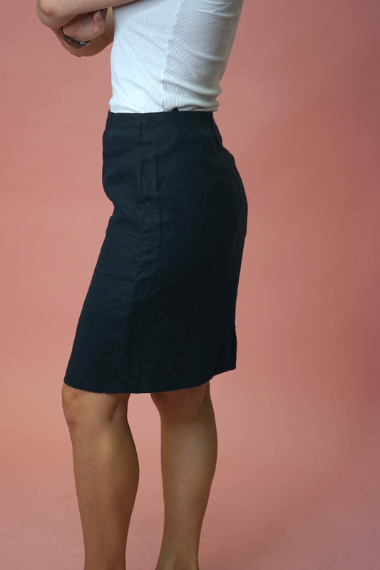 Black 100% Linen Mini Skirt Vintage Size L W31-32