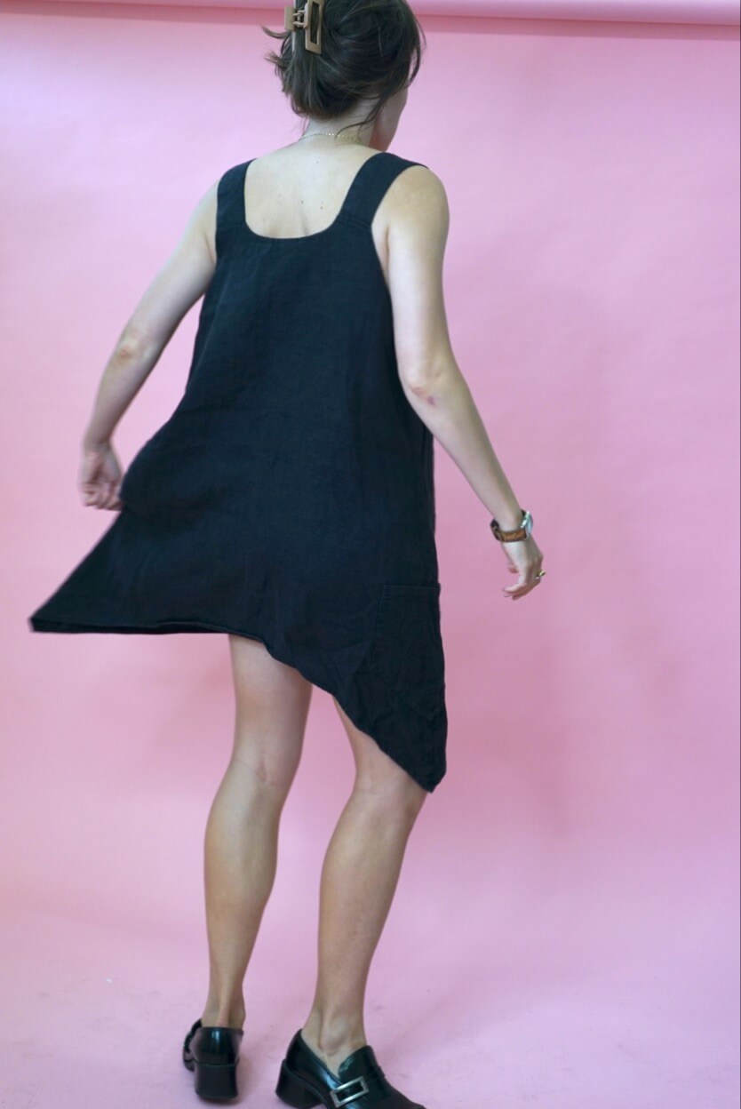 Black 100% Linen Sarafan Dress Vintage Asymmetrical Size L