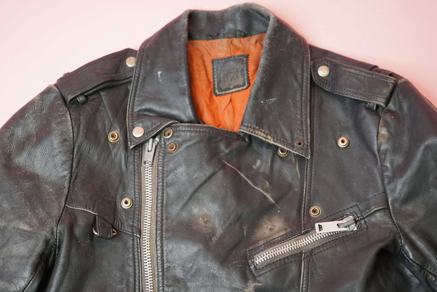 Black Faded Distressed Leather Biker Jacket Vintage Aged Leather Size L