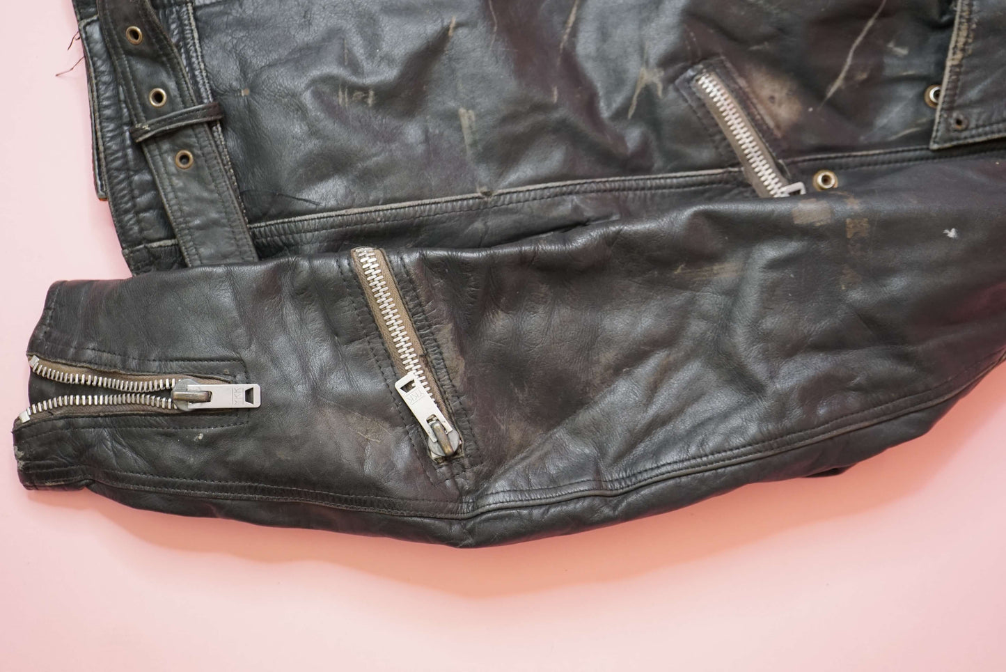 Black Faded Distressed Leather Biker Jacket Vintage Aged Leather Size L