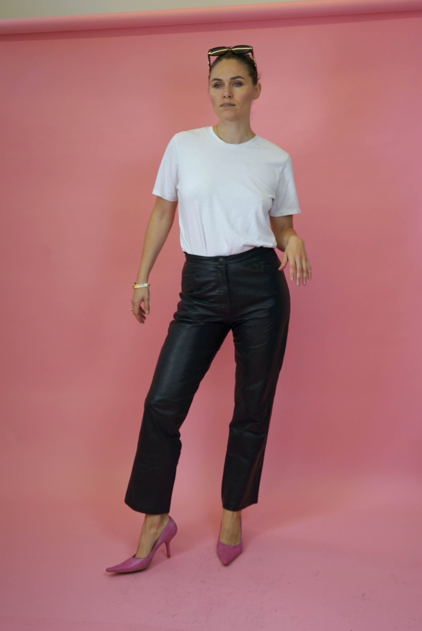 Black High Waisted Women's Leather Trousers Vintage Size M W31-32 UK Size 12 | EU size 42