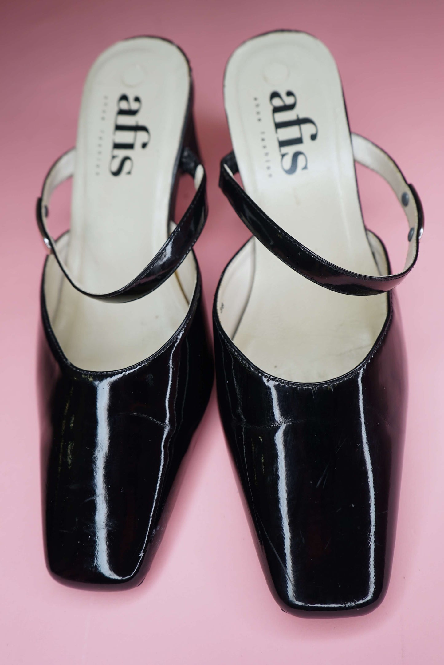 Black Patent Leather Mules Vintage Front Strap Mules Silver Buckle Strap Shiny Shoes Two Strap Heels UK Size 4.5-5/ EUR 37.5-38