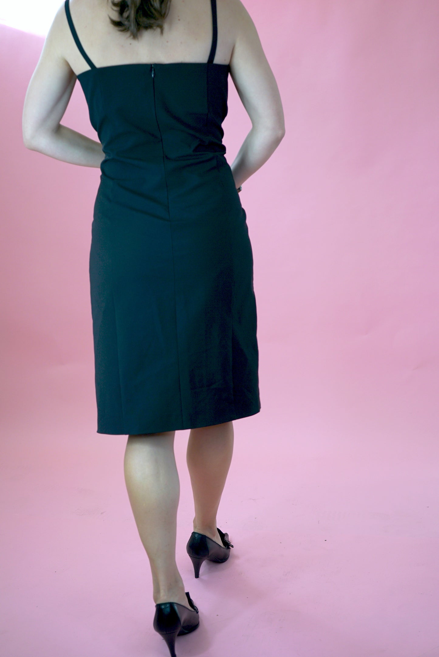 Black Vintage Midi Strap Dress Slit Stretchy Pencil Dress UK Size 14-16/ EU 42-44 Size L