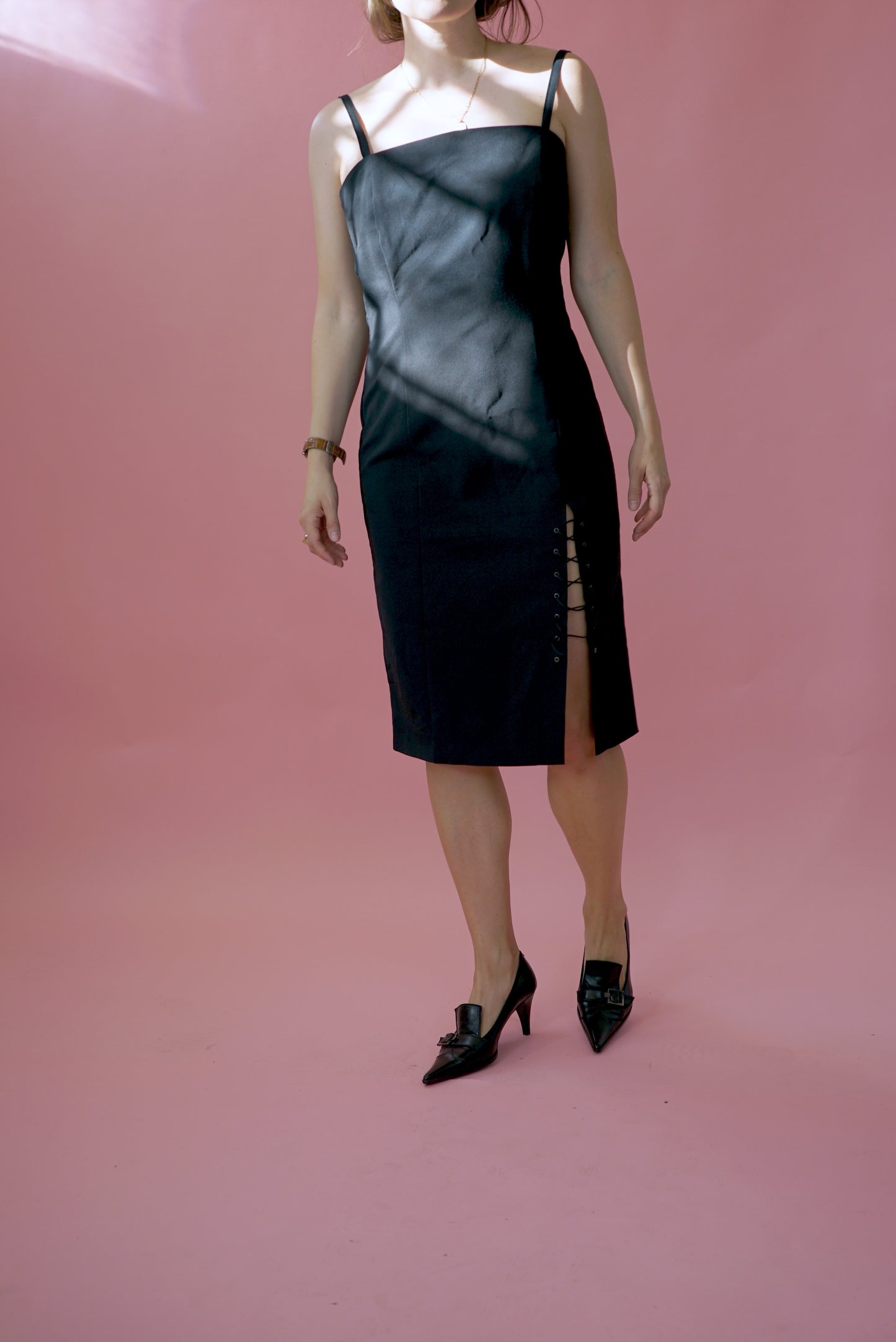 Black Vintage Midi Strap Dress Slit Stretchy Pencil Dress UK Size 14-16/ EU 42-44 Size L