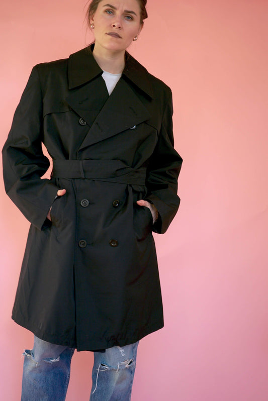 Black Vintage Trench Coat Belted Knee Length Size L-XL