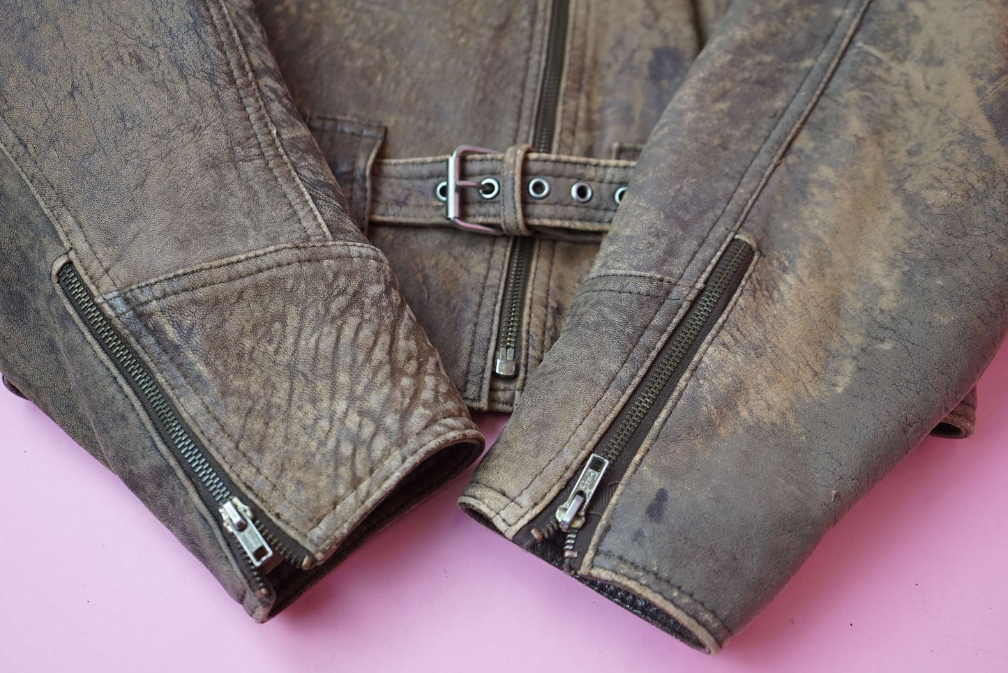 Brown Distressed Leather Jacket Vintage Biker Jacket 80s 90s Size M UK Size 10-12/ EU 40-42