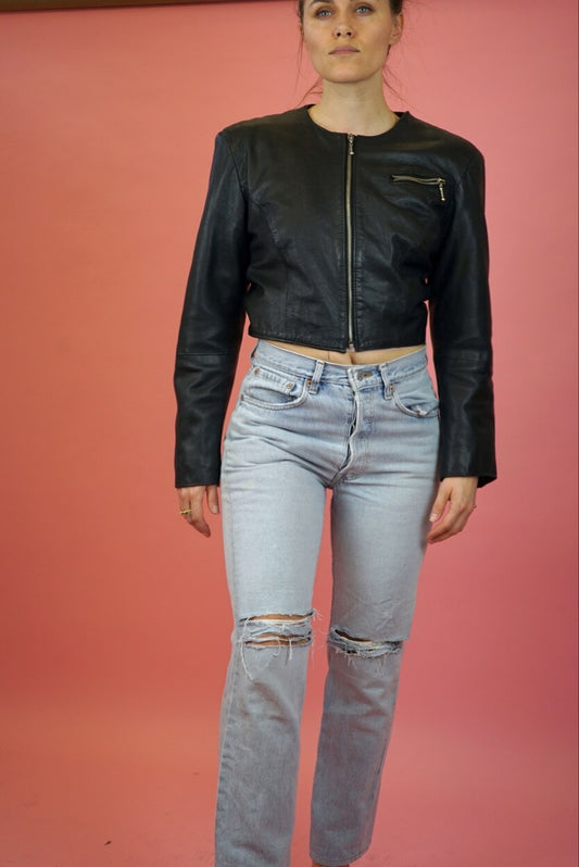 Cropped Boxy Black Vintage Leather Jacket Collarless UK Size 10-12/ EU 38-40 Size M