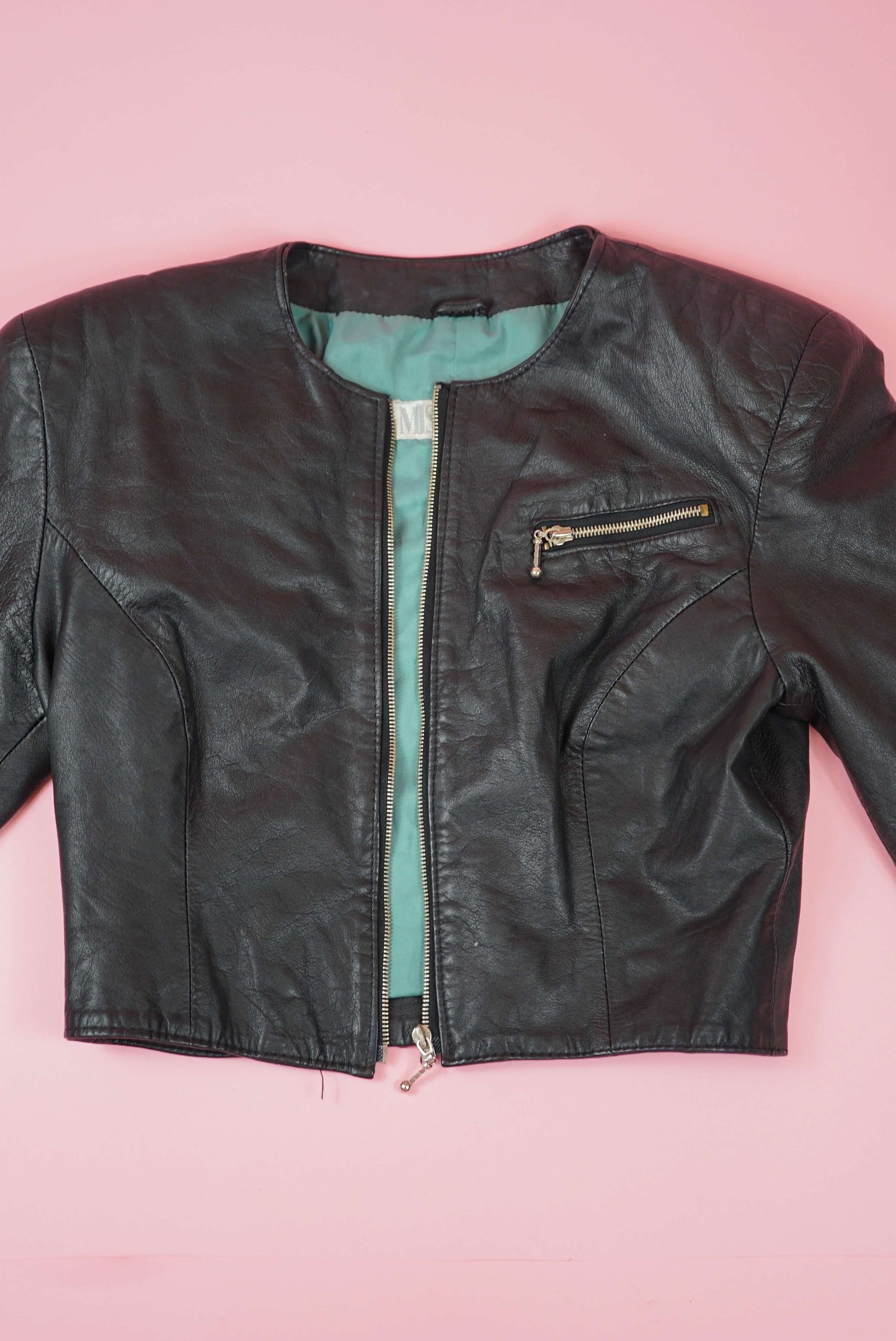 Cropped Boxy Black Vintage Leather Jacket Collarless UK Size 10-12/ EU 38-40 Size M