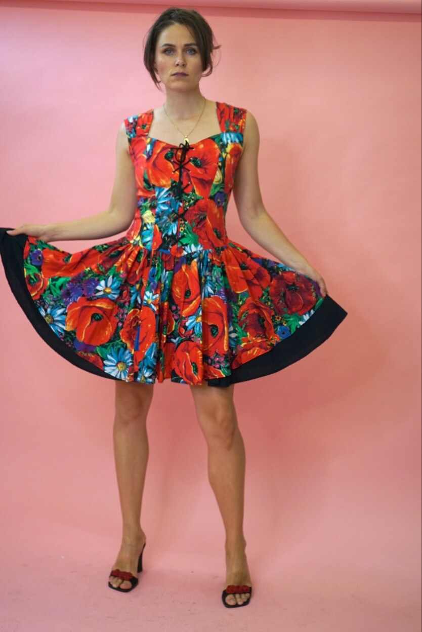 Cute Sicilian Dress Italian Floral Summer Dress Poppy Print Ruffle Dress 100% Cotton UK Size 12-14/ EU 40-42
