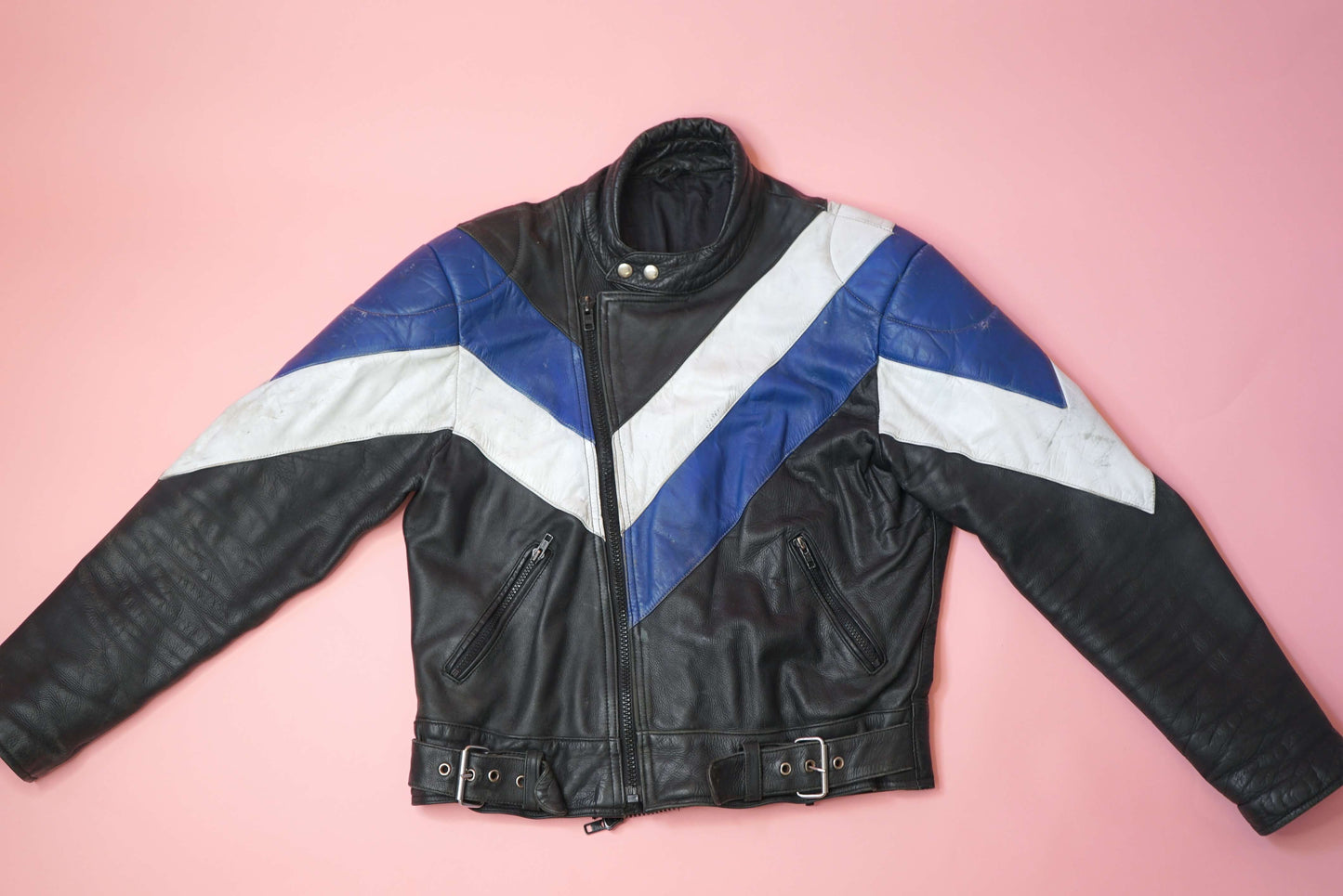 Vintage Leather Racer Jacket Multicolor Blue White Black Size L-XL | Bella Hadid Style