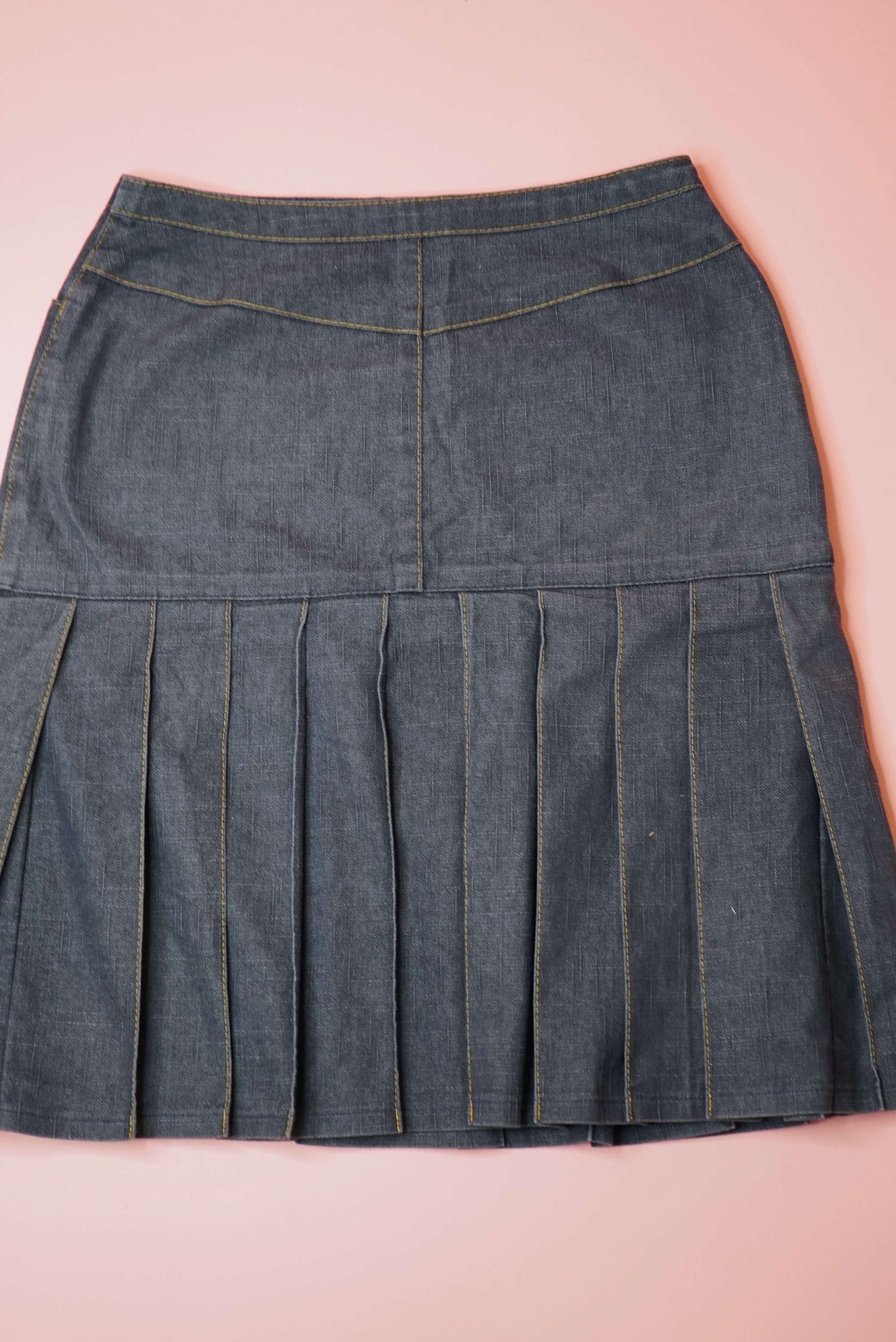 Denim Midi Skirt Pleated Fishtail 90s Y2K Dark Academia Dark Denim W30-32
