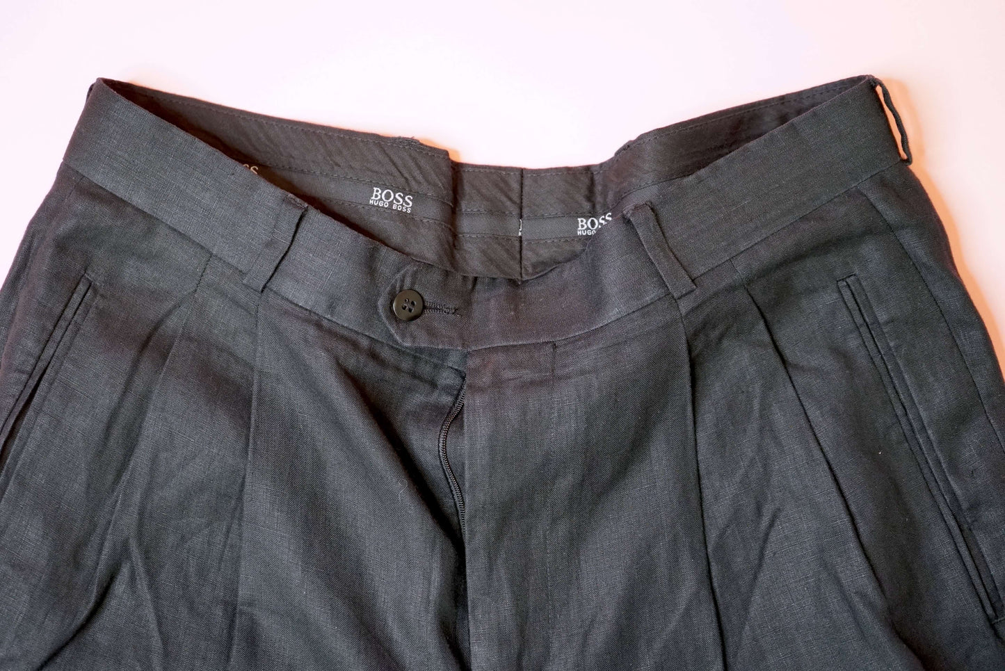 Hugo Boss 100% Linen Black Tailored High Waisted Trousers Size L-XL /W34-35