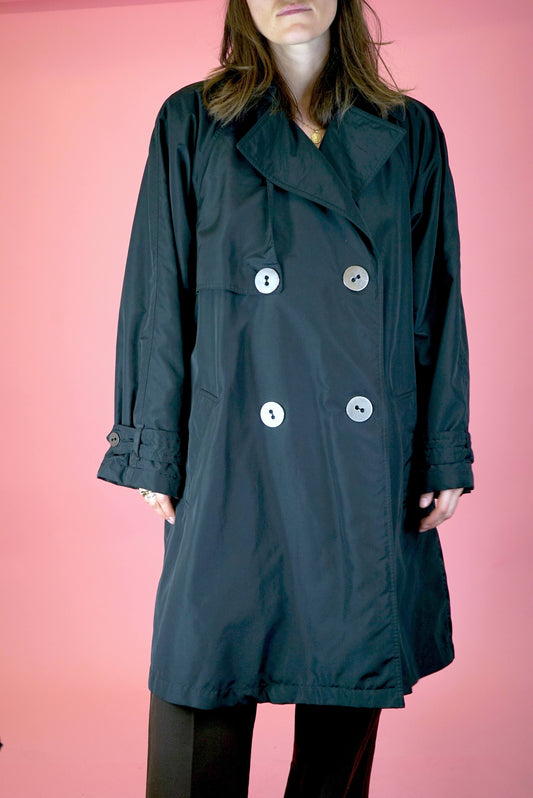 Krizia Black Womens Overcoat Double Breasted Trench Trapeze Coat Mid Length Size XL UK Size 14-16 EU 42-44