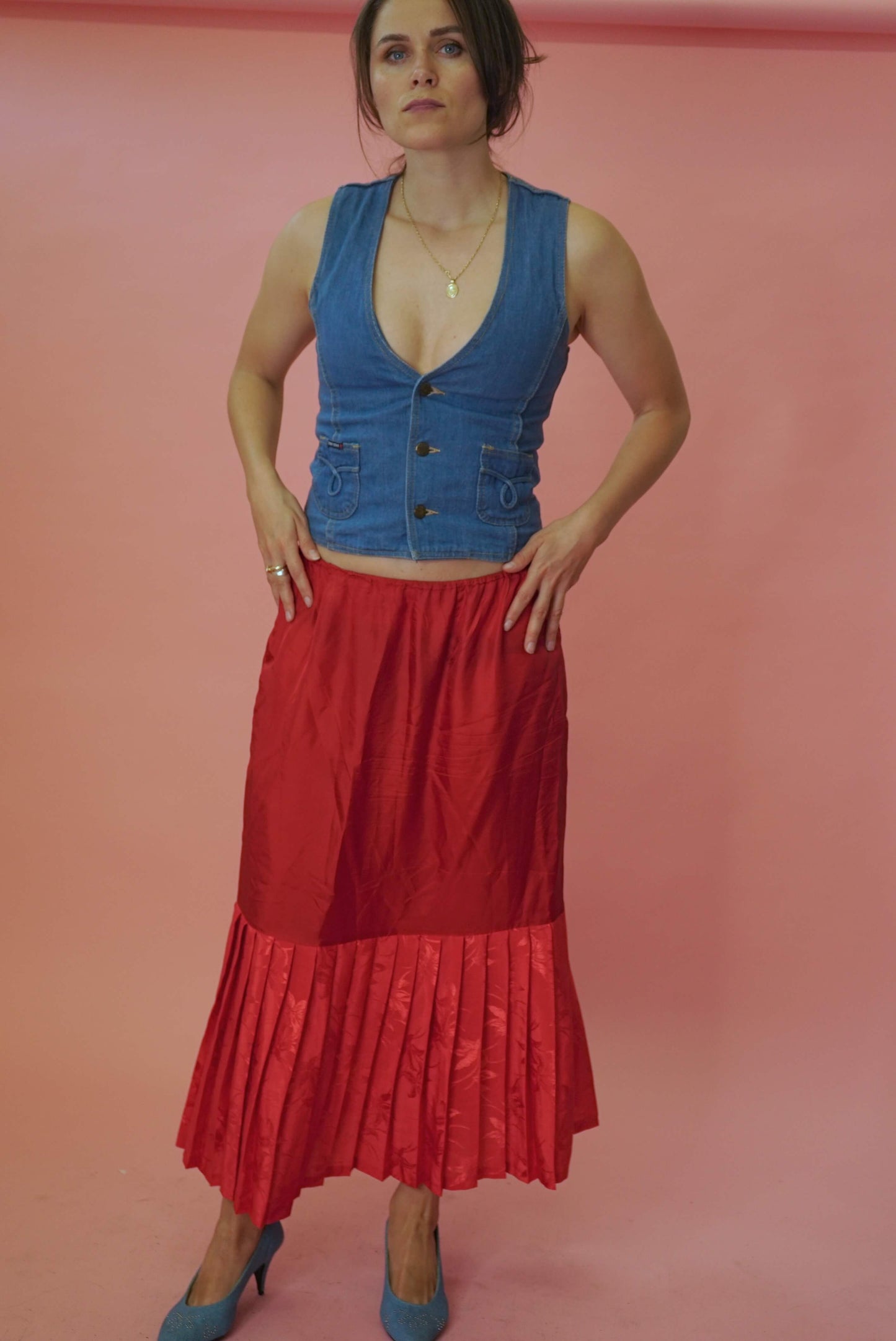 Red Long Skirt Fishtail Long Pleated Skirt Vintage Size L