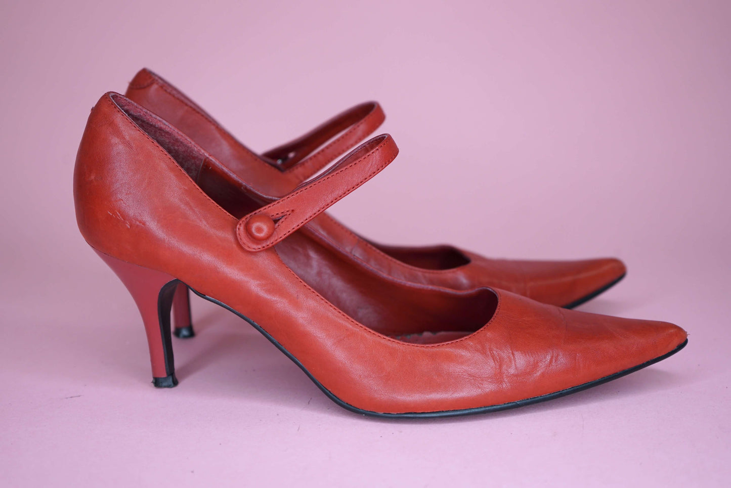 Red Vintage Heels Stilletos Mary Jane Shoes Pointed Toe Heels Womens Shoes Burgundy Front Strap Pumps UK Size 4-4.5/ EUR 37-37.5