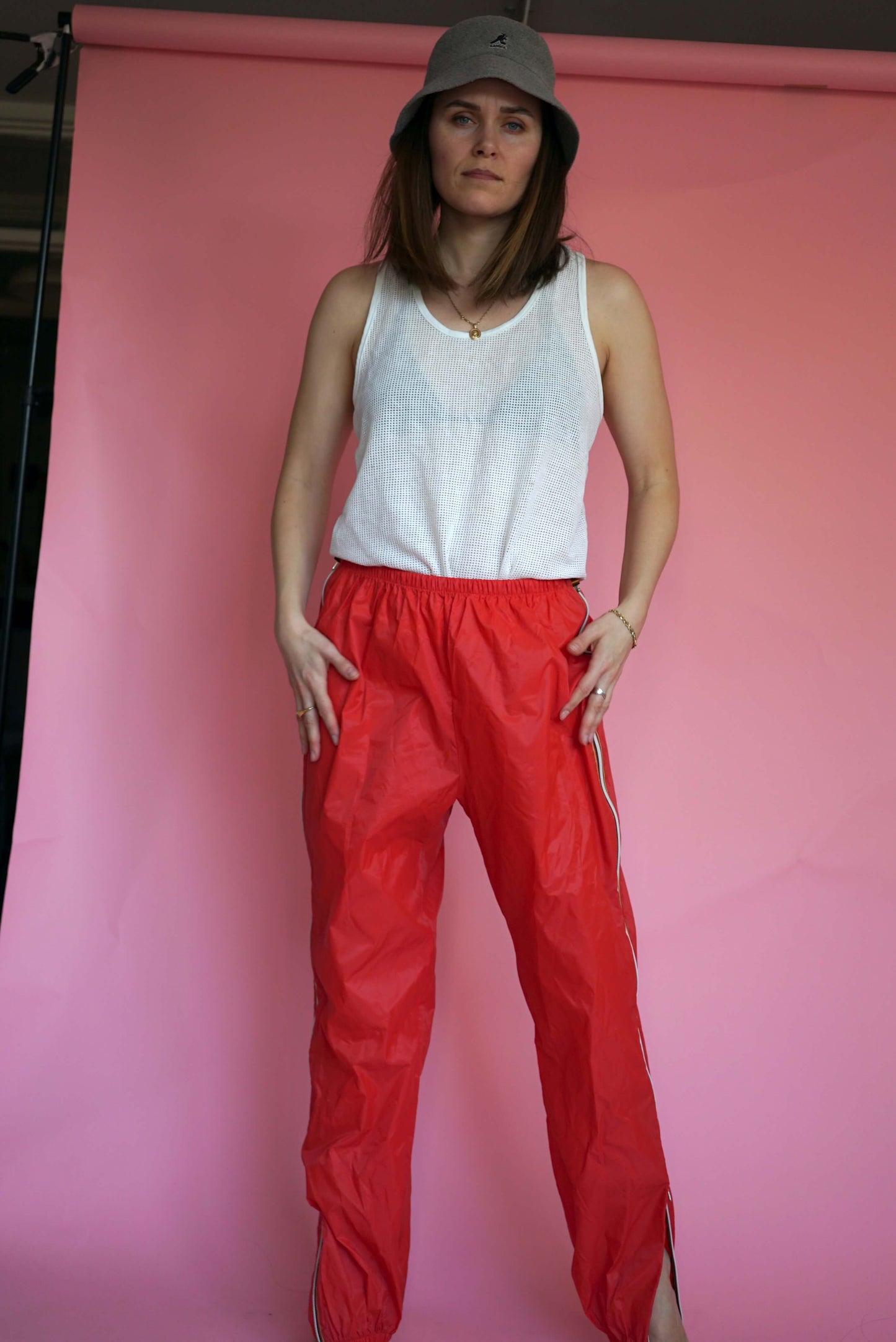 Retro Tracksuit Trousers Red Full Side Zip Size L