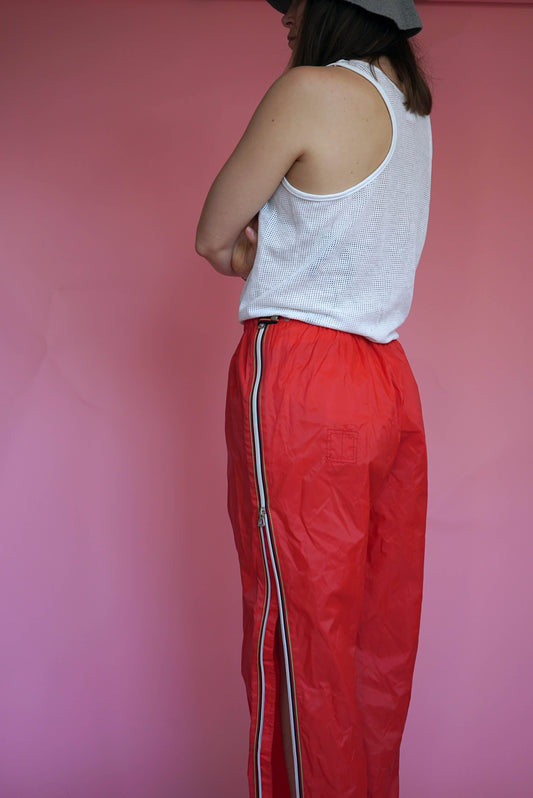 Retro Tracksuit Trousers Red Full Side Zip Size L