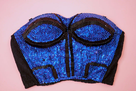 Sequin Beaded Bustier Embellished Corset Crop Top Vintage Sparkly Bling Bling Top Sequin Tube Top Blue Size S-M