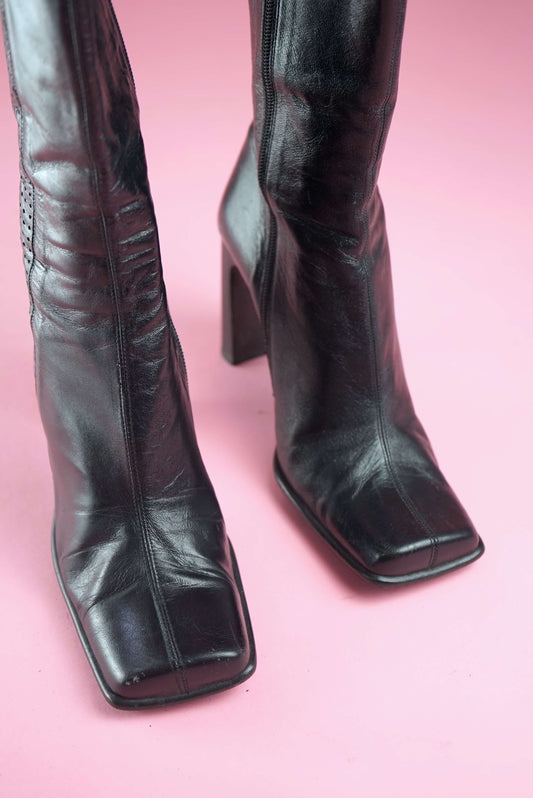 Square Toe Black Vintage Boots High Heel UK Size 6.5-7/EU 39.5-40