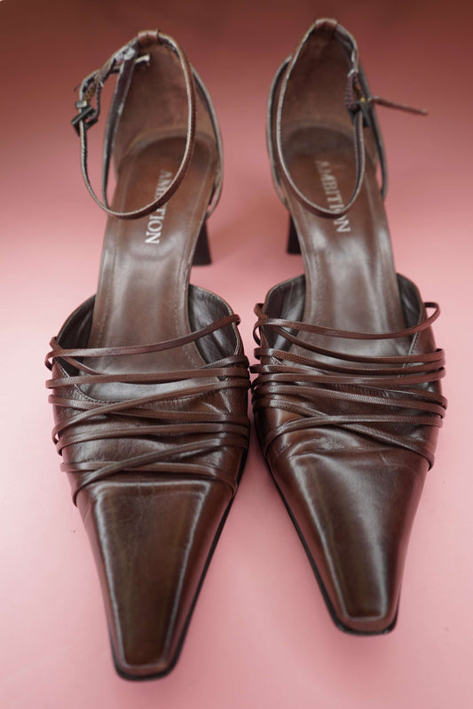 Strappy Brown Leather Heels Sandals Vintage Strappy Mules Womens Pumps UK Size 7-7.5/ EU 40-40.5
