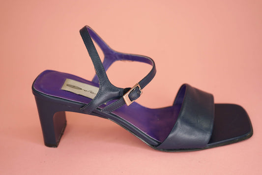 Strappy Sandals Heels Vintage Leather Open Toe Summer Shoes 90s Y2K Mid Heel Sandals Ankle Strap Navy UK Size 6-6.5/ EUR 39-39.5