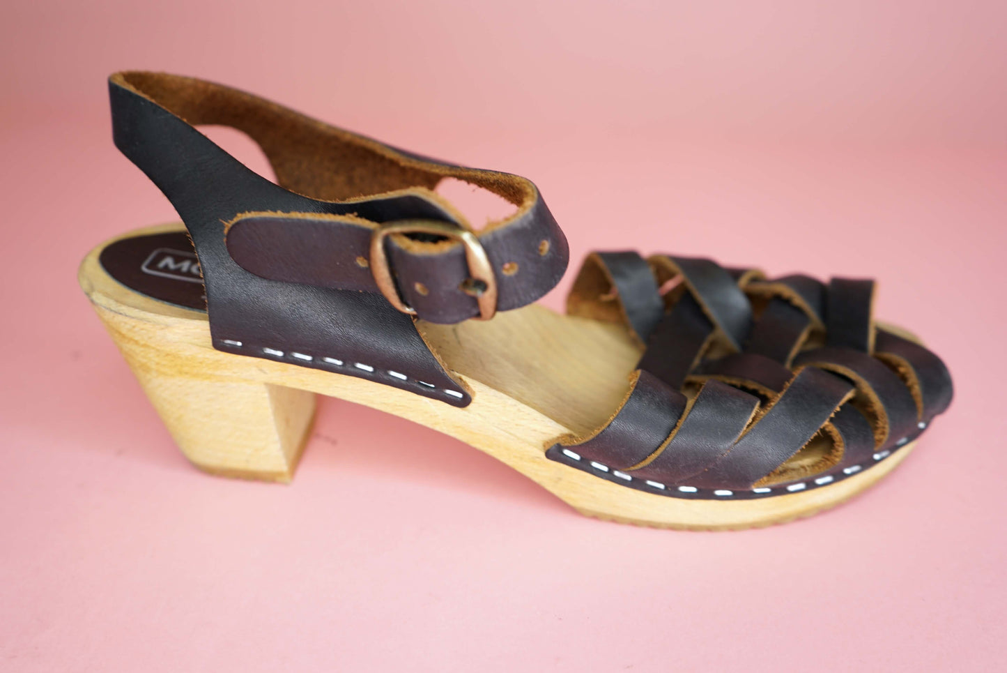 Swedish Clogs Wooden Sandals Low Heel Black Oiled Leather Mary Jane Clogs Peep Toe Moheda Clogs Handmade UK Size 4.5-5/ EU 37.5-38
