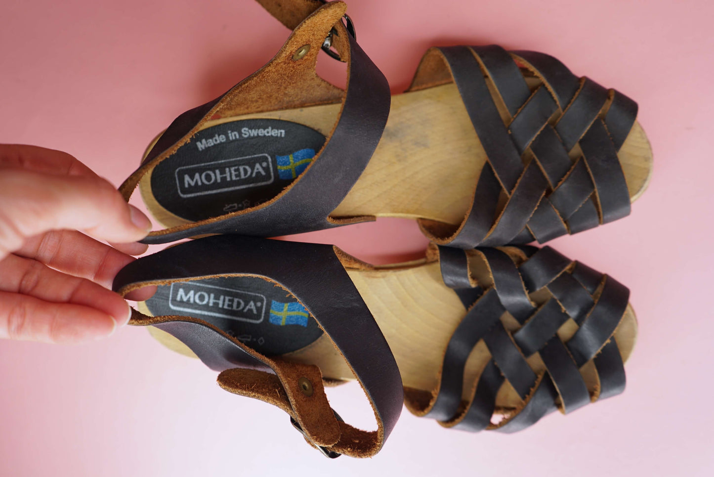Swedish Clogs Wooden Sandals Low Heel Black Oiled Leather Mary Jane Clogs Peep Toe Moheda Clogs Handmade UK Size 4.5-5/ EU 37.5-38
