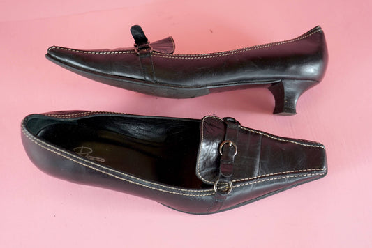 Vintage Black Leather Kitten Heels Y2K Buckle Detail Court Shoes UK Size 6/ EU Size 39