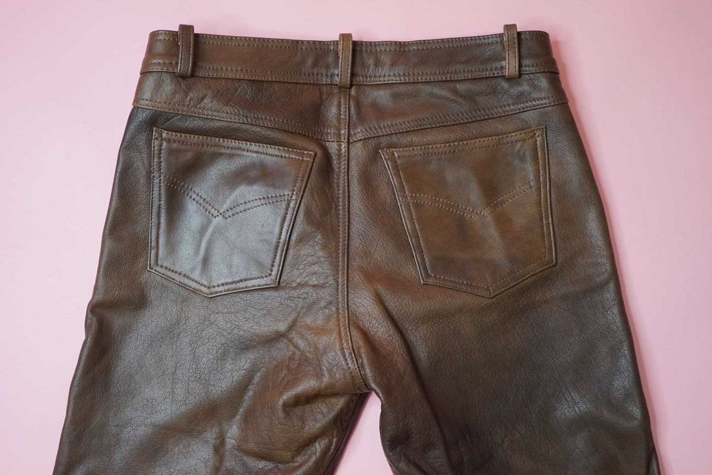 Vintage Brown Aged Leather Trousers Rocker Motorcycle Pants W34-35
