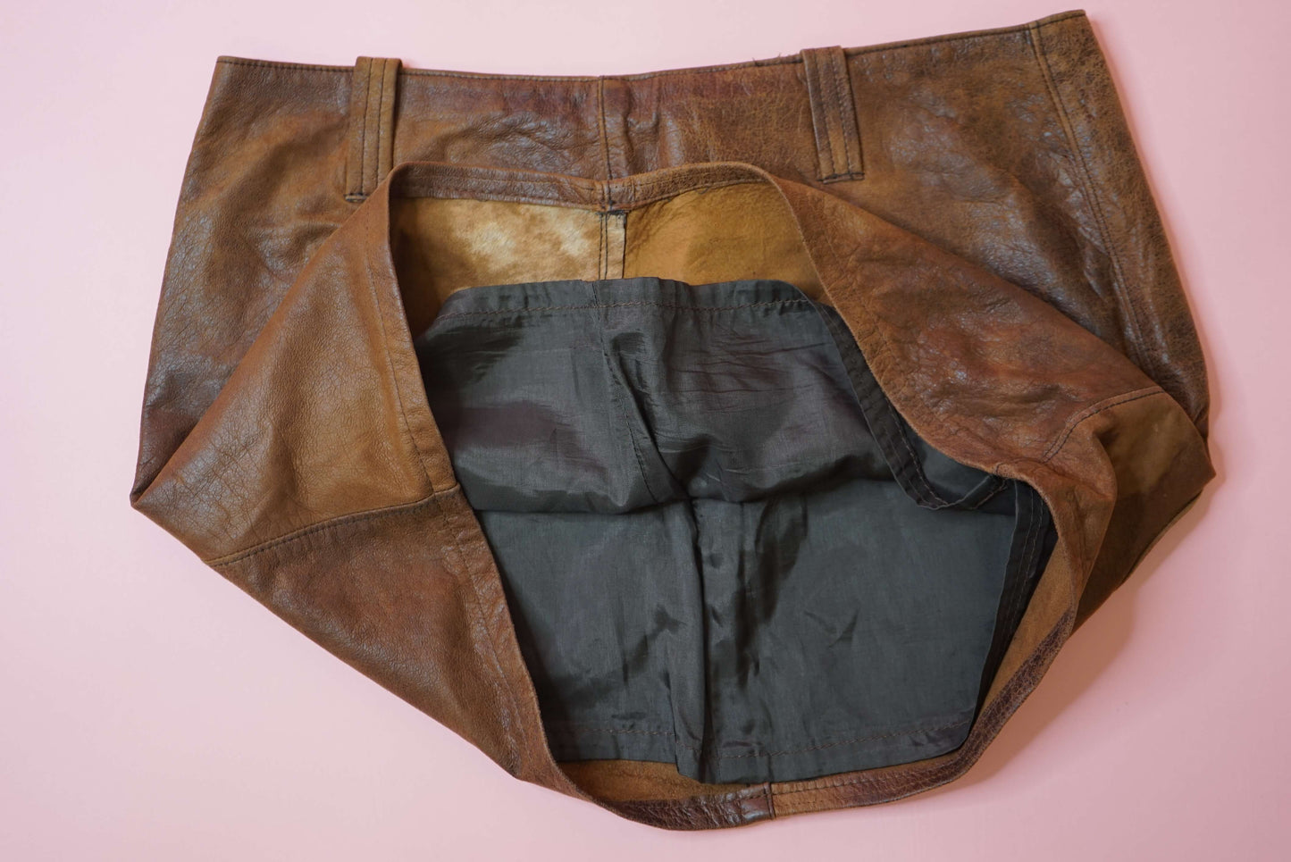Vintage Brown Faded Leather Mini Skirt With Pockets Size W27-28 S