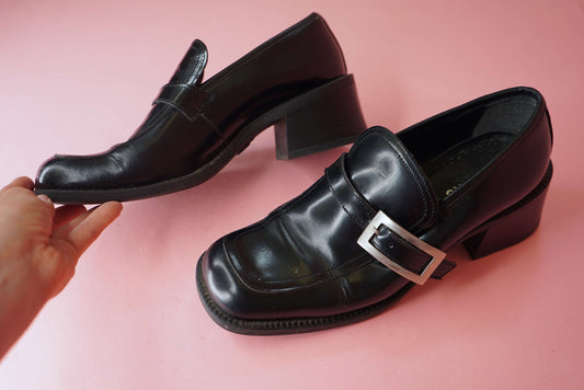 Vintage Chunky Black Loafers Slip On Shoes Square Toe Buckle Details Low Block Heel Shoes Unisex UK Size 8-8.5 / EUR 41-41.5