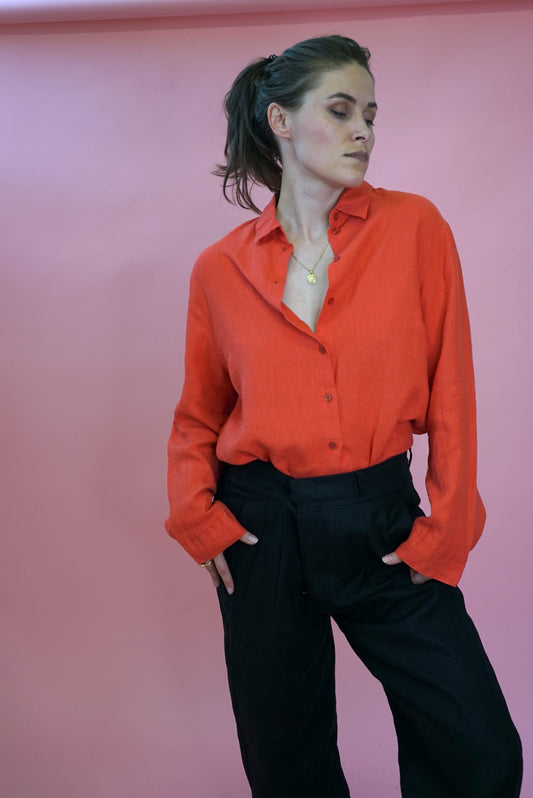 Vintage Coral Red 100% Linen Women's Shirt Size L