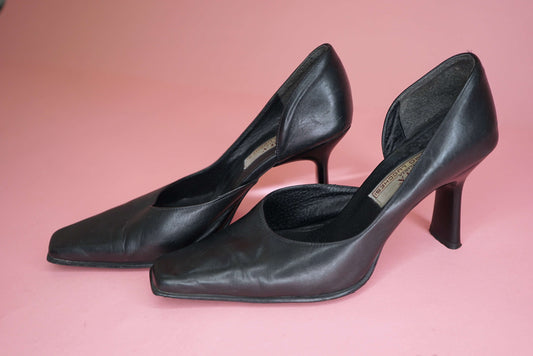 Black Leather Heel Pumps Vintage Court Shoes Side Cut Out Pumps Open Side Leather Heels UK Size 6.5-7/ EUR 39.5-40