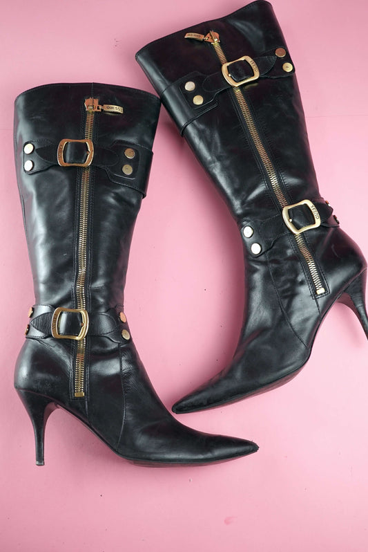 Vintage Guess Stiletto Boots Black Knee High Pointed Toe Buckle Details UK Size 6-6.5/ EUR 39-39.5