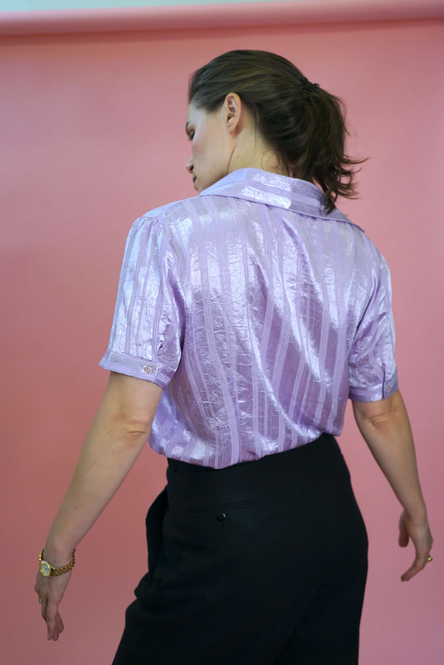 Vintage Violet Purple Blouse Short Sleeves Size M-L | Satin Effect