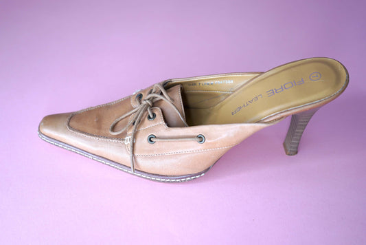 Vintage Western Mules Tan High Heel Pointy Toe Size 6.5-7/39.5-40