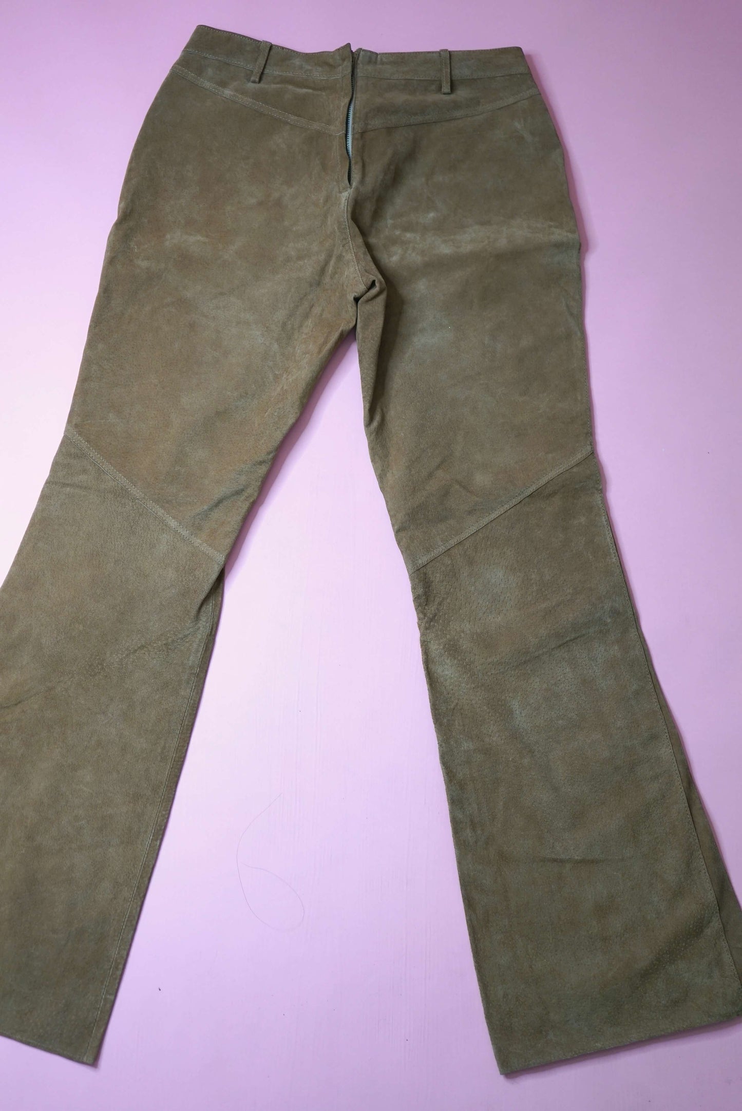 Vintage Western Suede Leather Tan Flared Trousers Low Waist Lace Up Size M W29-30