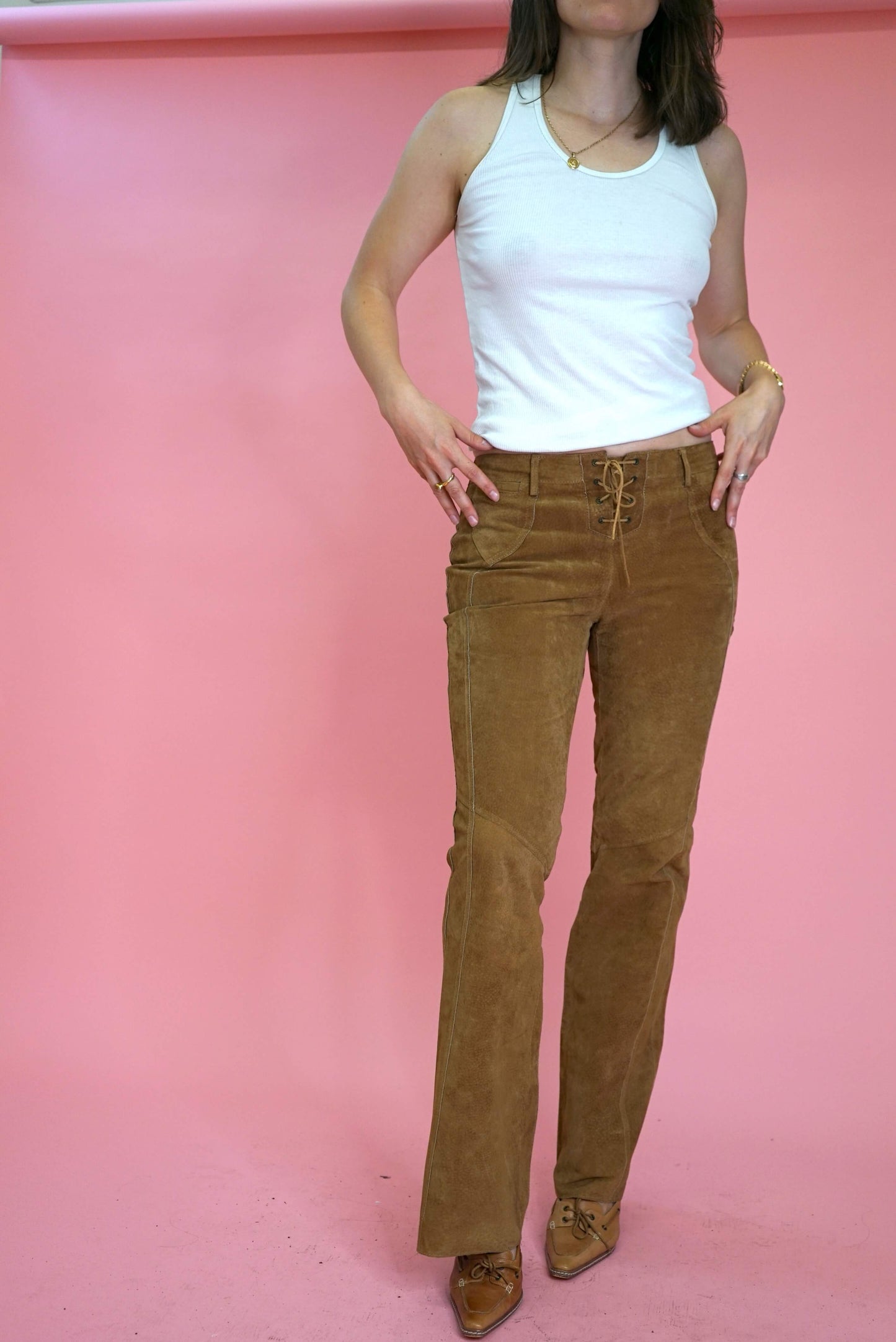 Vintage Western Suede Leather Tan Flared Trousers Low Waist Lace Up Size M W29-30