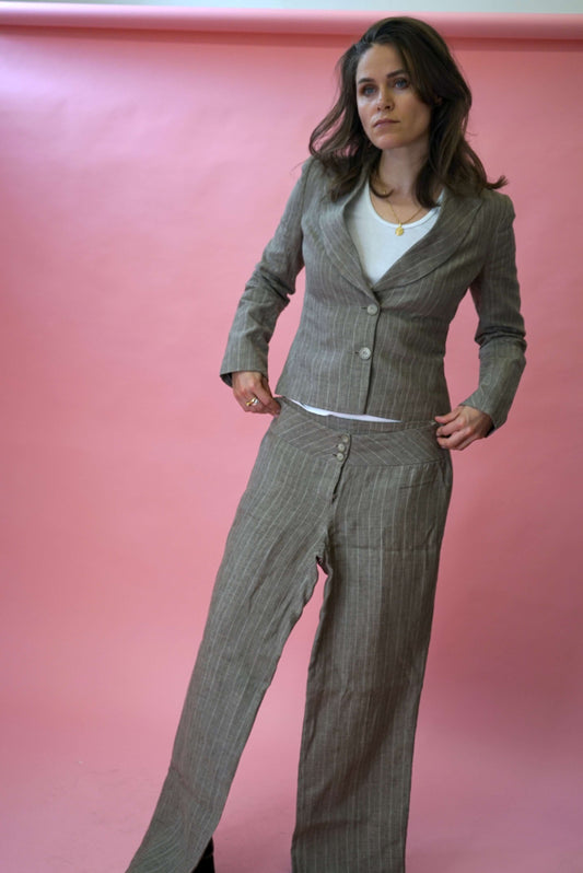 100% Linen Two Piece Blazer Suit Set Trousers Suit Size S-M