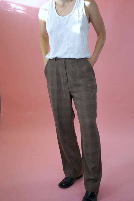 Relaxed Wide Leg Suit Trousers Vintage Brown Check Trousers UK Size 12-14/ EU 40-42 Size L