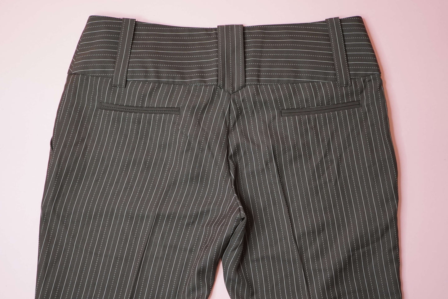90s Y2K Low Rise Pinstripe Bootcut Trousers Dark Academia Suit Pants Wide Belt Waistband Detail W31-32