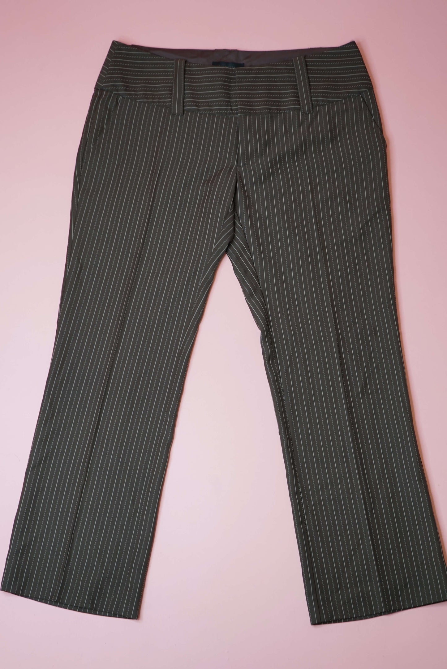 90s Y2K Low Rise Pinstripe Bootcut Trousers Dark Academia Suit Pants Wide Belt Waistband Detail W31-32
