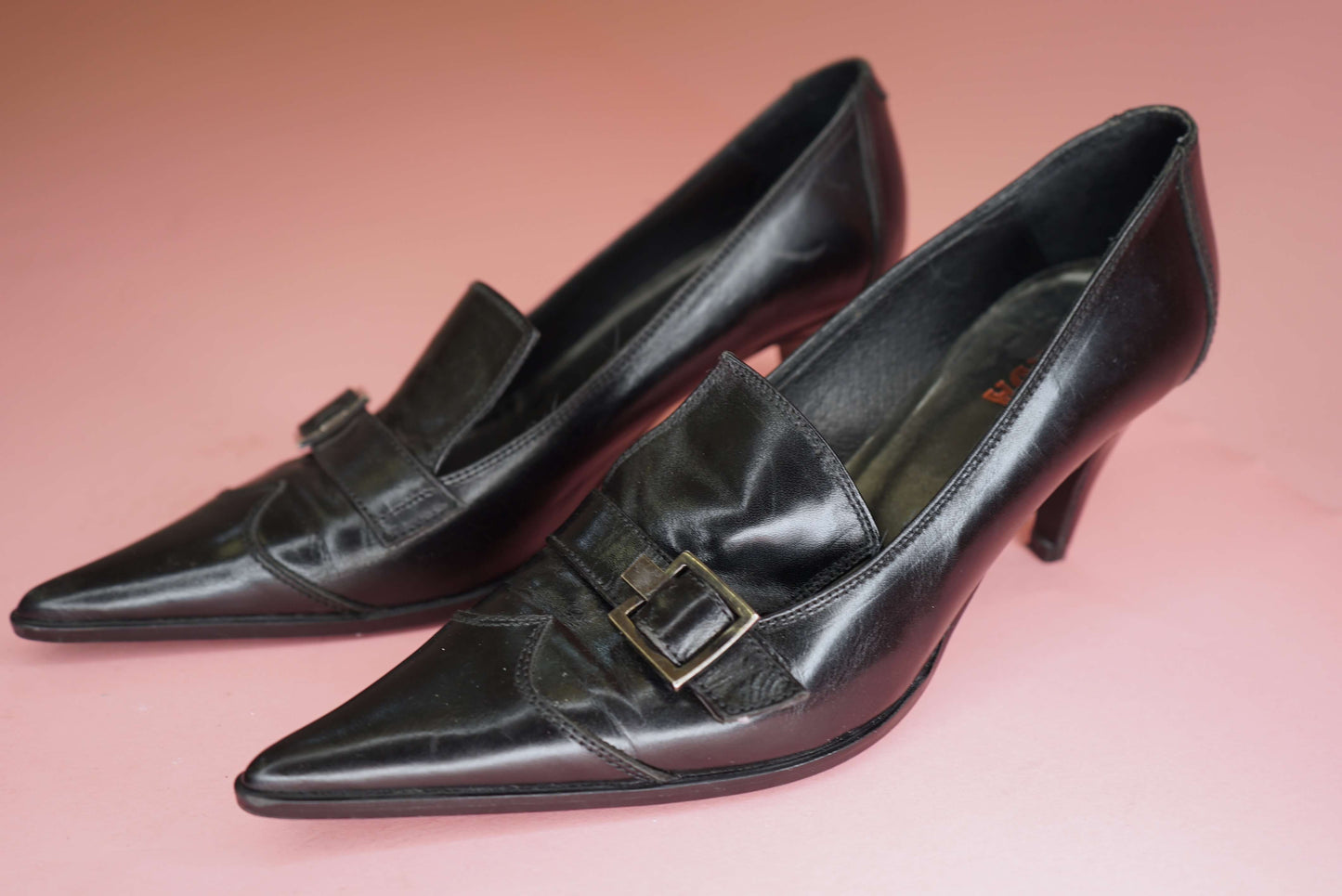 Y2K 90s Pointed Toe Black Leather Heels Vintage Buckle Court Shoes UK Size 6/ EU 39
