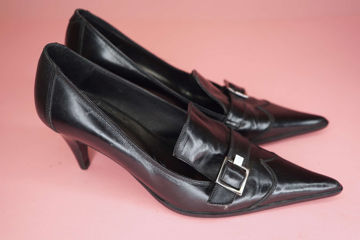 Y2K 90s Pointed Toe Black Leather Heels Vintage Buckle Court Shoes UK Size 6/ EU 39