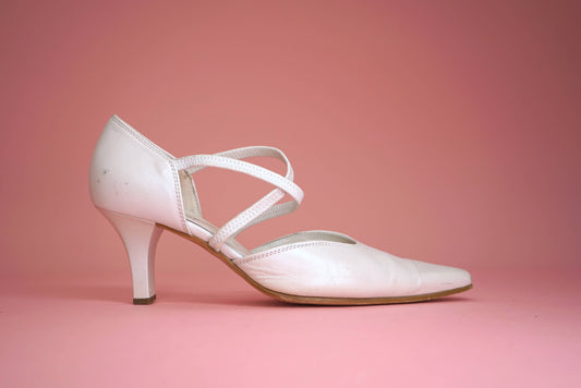 White Vintage Heels Leather Pumps Elastic Cross Strap Shoes White Heels UK Size 5.5-6/ EU 38.5-39