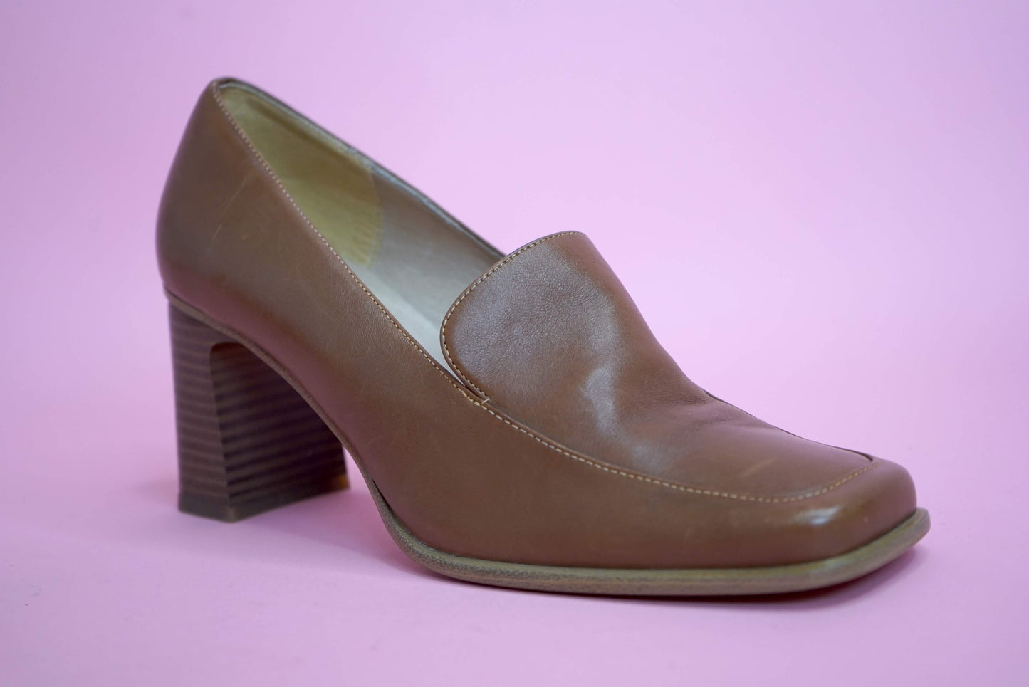 90s Vintage Brown Square Toe Leather Penny Court Shoes Size 4/37